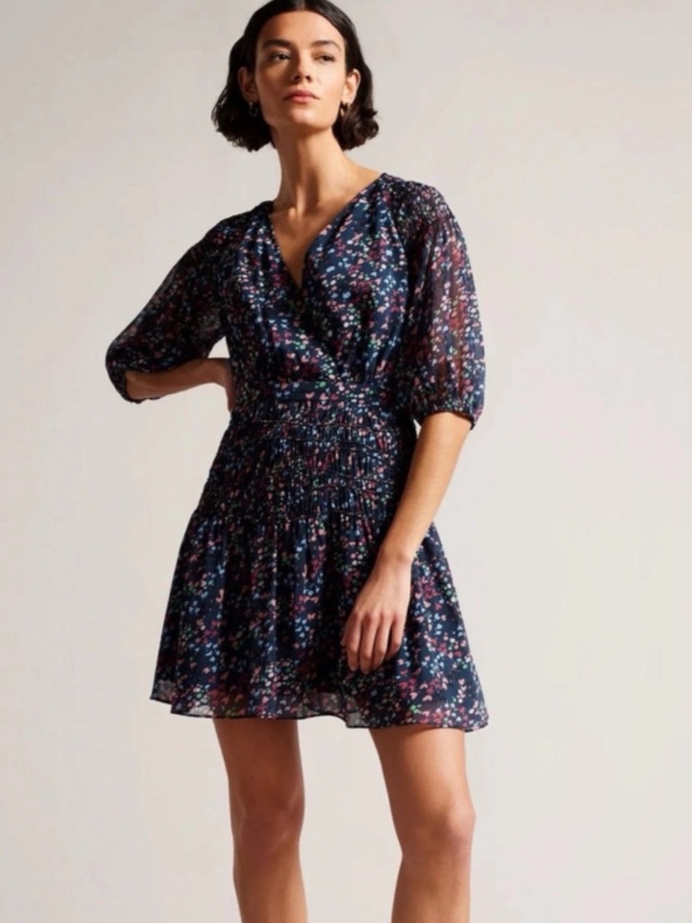 Ted Baker Casadee Smocked Floral Print Mini Wrap Dress Sz US 6 Or Ted Sz 2
